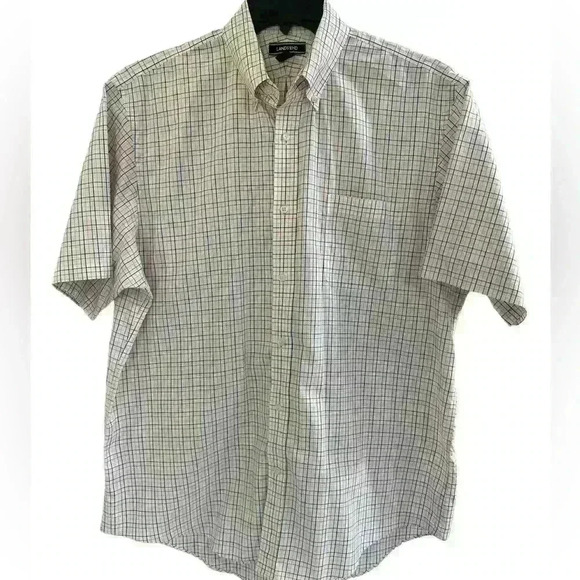 Men’s Lands End Short Sleeve Button Down in Red White Blue Plaid Sz 17 EXCELLENT - Picture 1 of 10